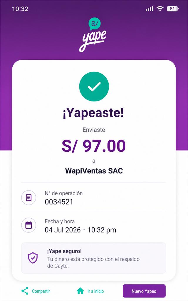 Comprobante Yape S/ 97 a WapiVentas SAC